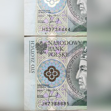 Banknoty 100 zł z 4444 i 8888