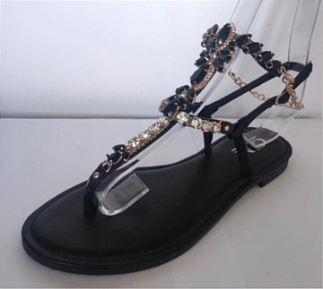 Sandałki z cyrkoniami japonki czarne r39