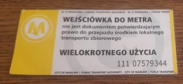 Bilet Wejściówka Do Warszawskiego Metra. Warszawa