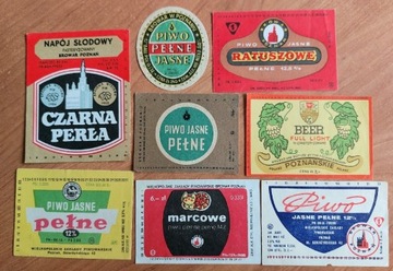 8 starych etykiet piwa poznańskiego 