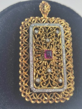 Złota brosza wisior 18k pr.750 rubin i diamenty 