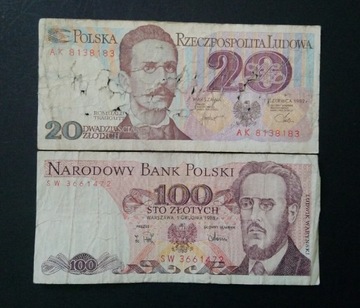 Zestaw banknotów polskich 20 zł 1982 100 zł 1988 