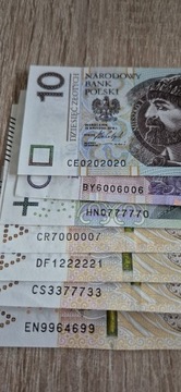 Banknoty 200x4 zł , 100 zł, 20 zł, 10 zł radar 