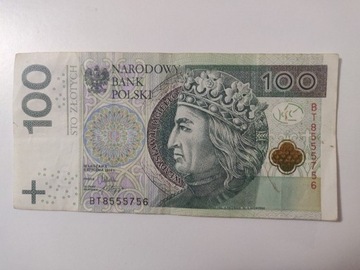 Banknot 100 zł Seria BT8555756 dla kolekcjonera 