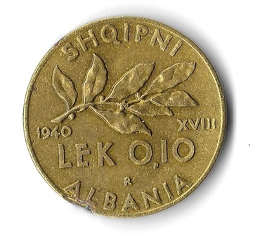 ALBANIA, 0,10 lek 1940, Emanuel III, st. 3