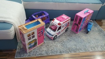 Domek, ambulans,auto,szafa zestaw Barbie