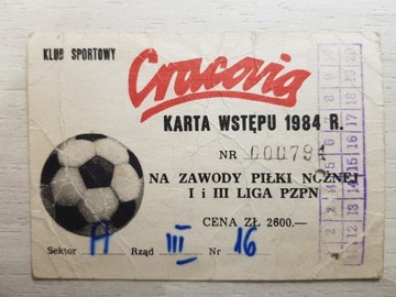 CRACOVIA KRAKÓW  KARTA WSTĘPU 1984 