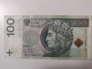 Banknot 100 zł Seria BX1144717 dla kolekcjonera 