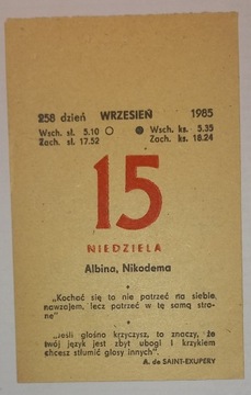 kartka z kalendarza, niedziela 15 września 1985 