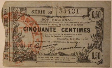 50 Centimes 1916 FRANCJA - BON REGIONAL