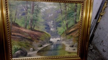 Leśny potok-stary,piękny obraz olejny na płótnie