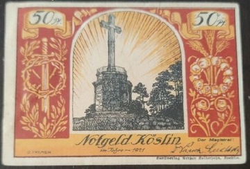 Notgeld KÖSLIN Koszalin 50 feningów 1921