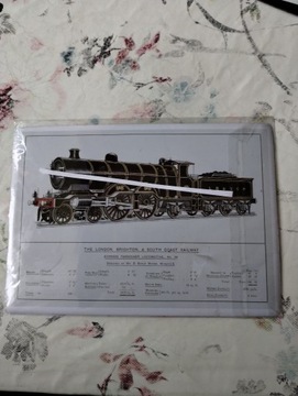 Zafoliowana metalowa pocztówka z lokomotywą 
