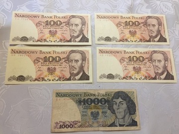 Banknoty PRL  4 x 100 i 1000 złotych