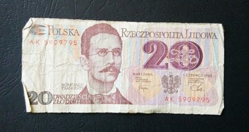 Stary banknot Polska 20 zł 1982 rok PRL 