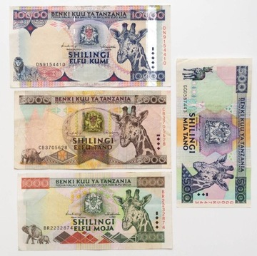 Banknoty Tanzania 500, 1000, 5000, 10000 szylingów