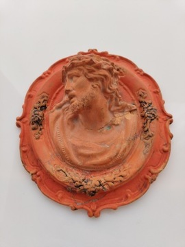 Rzeźba Płaskorzeźba sakralna głowa Chrystusa ceramika glina plakieta