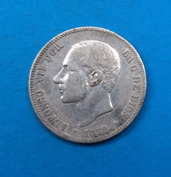 Hiszpania 2 pesety 1879, Król Alfons XII, Ag 0,835