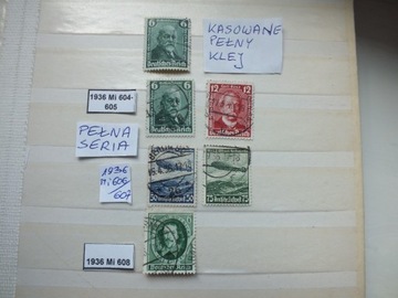 6szt. znaczki seria Mi 604, 606 Niemcy 1936 Rzesza