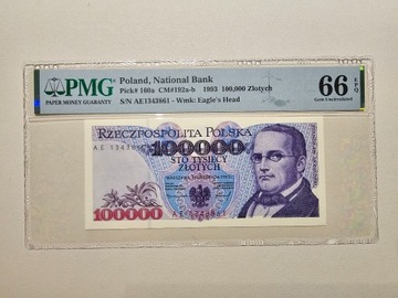 100 000 złotych 1993 r  Seria AE  PMG 66 EPQ