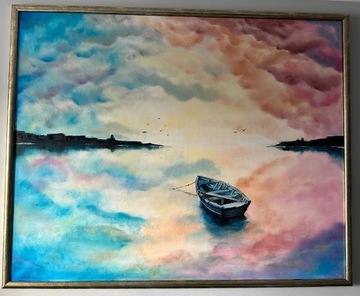 Obraz olejny "Pejzaż z łodzią" 120x150