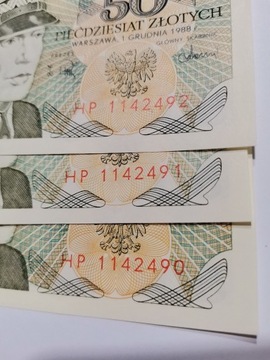 Banknoty 50zł.'88r. zestaw niskie numery UNC /3szt