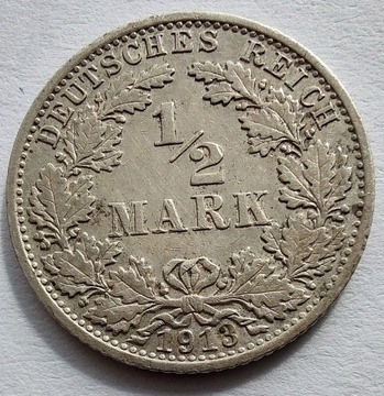 NIEMCY 1/2 Mark 1913A srebro ŁADNA
