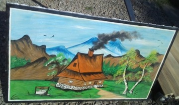 obraz malowany - chata w górach