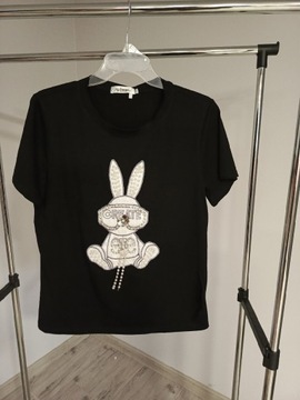 T-shirt bluzka czarna królik bogato zdobiony M/L