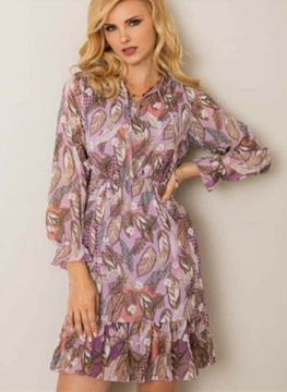 Wzorzysta wiosenna liliowa sukienka S M L 36 38 40