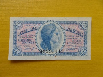 HISZPANIA 50 Centimos 1937 Pick 93 UNC-  seria A 