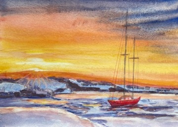 Jacht w lodzie, akwarela A4, ręcznie malowana