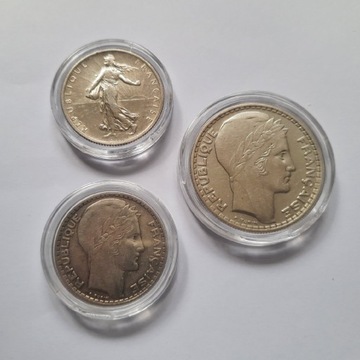 Francja - zestaw monet: 2, 10, 20 FRANCS srebro Ag