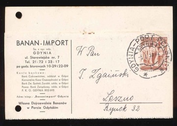 1939 PMW, kartka firmowa BANAN IMPORT, GDYNIA PP.
