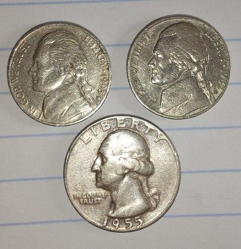 5 centow 2x Jeferson,83D,95D,3moneta z1955r 25 centów srebro