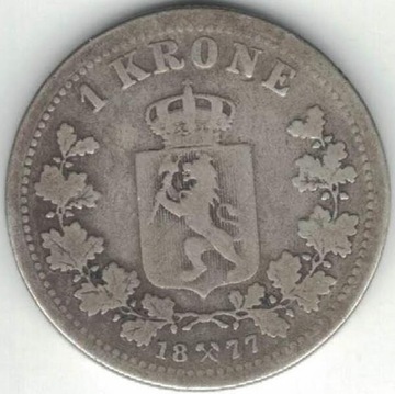 Norwegia 1 korona krone 1877 25 mm srebro Ag 