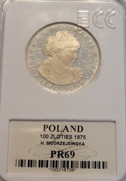 100 zł,1975,H.Modrzejewska, GCN PR 69,SREBRO!(236)