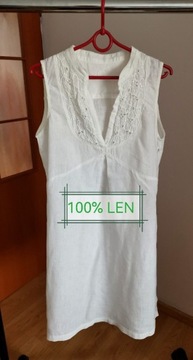 Sukienka biała 100% len mini ażurkowa haft bdb lato white 