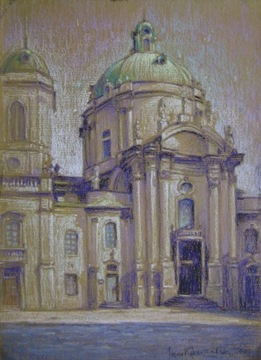 LWÓW kość. Dominikanów pejzaż pastel olejny 34x24