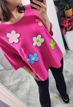 Bluzka sweterkowa w kwiaty - róż