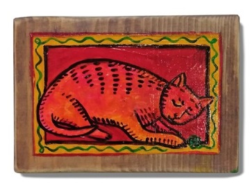 Folkowy kot - ludowy, handmade, obraz na desce