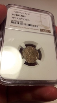 WMG Gdańsk 5 pfennigów 1928 NGC AU Details Rzadki