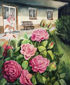 Ręcznie malowany obraz, 50x70, kwiaty róże ogród