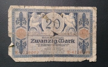 Stary banknot Niemcy 20 marek 1915 rok 