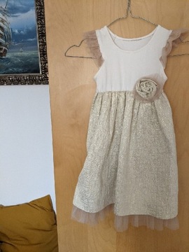 Sukienka 104 dla dziewczynki złota biała tiulowa