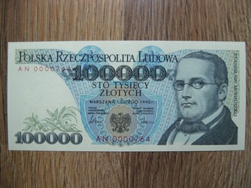 BANKNOT Z CZASÓW PRL 100000 ZŁOTYCH 1990 ROK SERIA AN UNC NISKI NR. 0000764