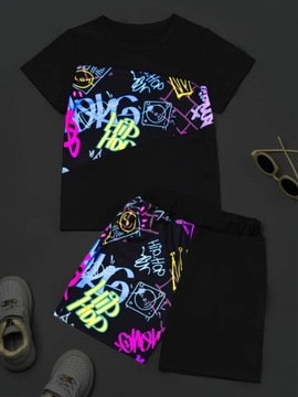 Komplet dla chłopca nowy t-shirt spodenki szorty neon fluo czarne 110