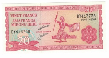 BURUNDI, 20 FRANCS 2007  UNC