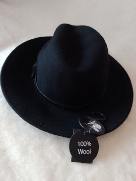 Wełniany,czarny kapelusz z Londynu,100%Wełna/NOWY 
