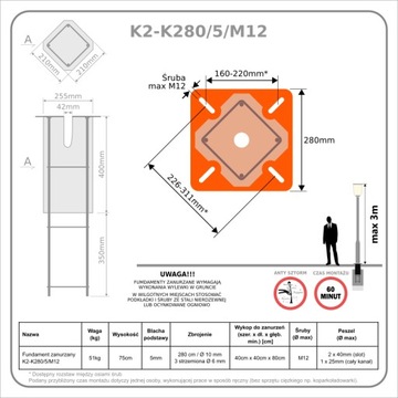 Fundament Zanurzany Footing K2 51kg M12 latarnie